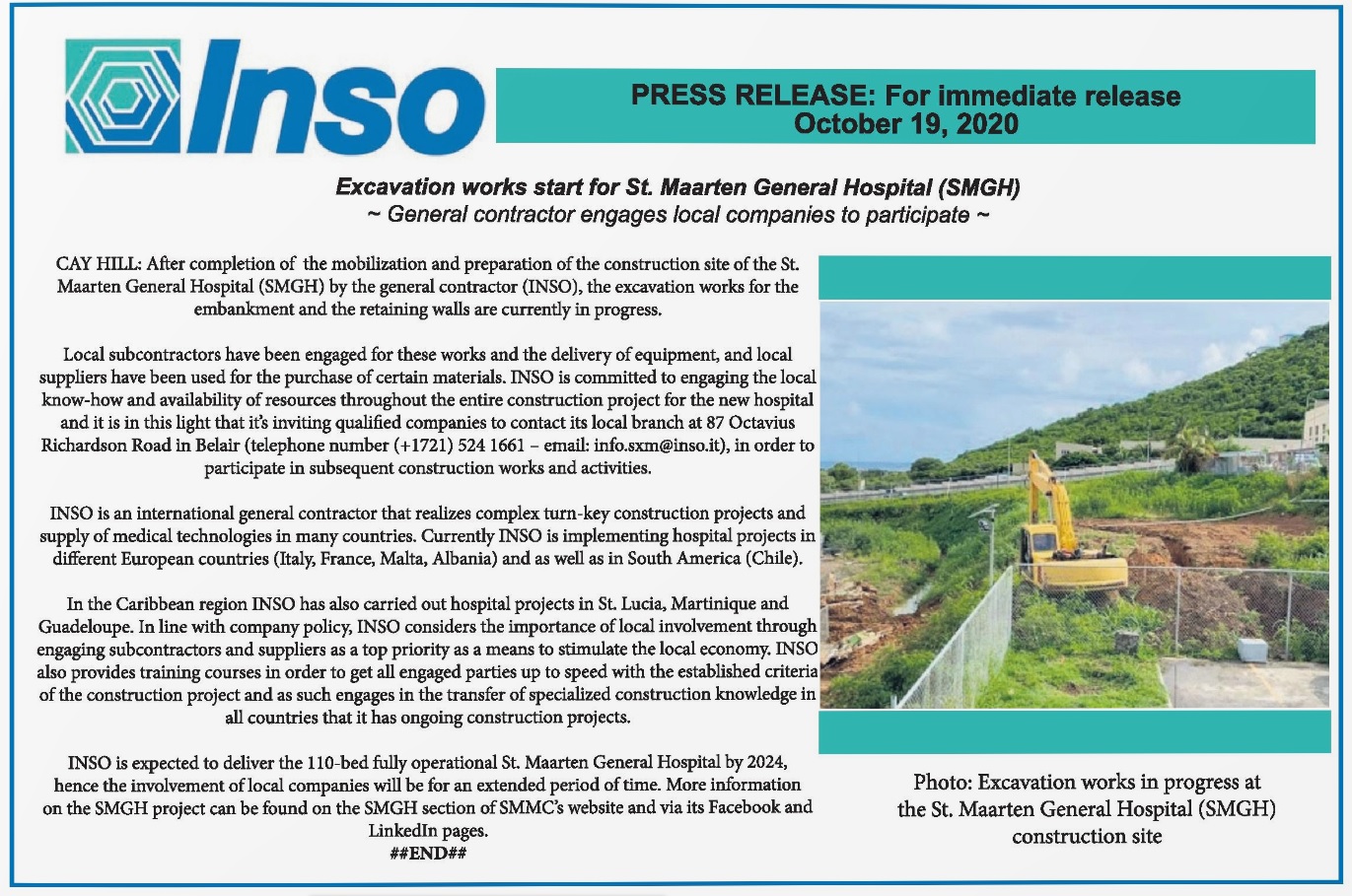 Press Release by INSO - Excavation works start for St. Maarten General Hospital (SMGH)